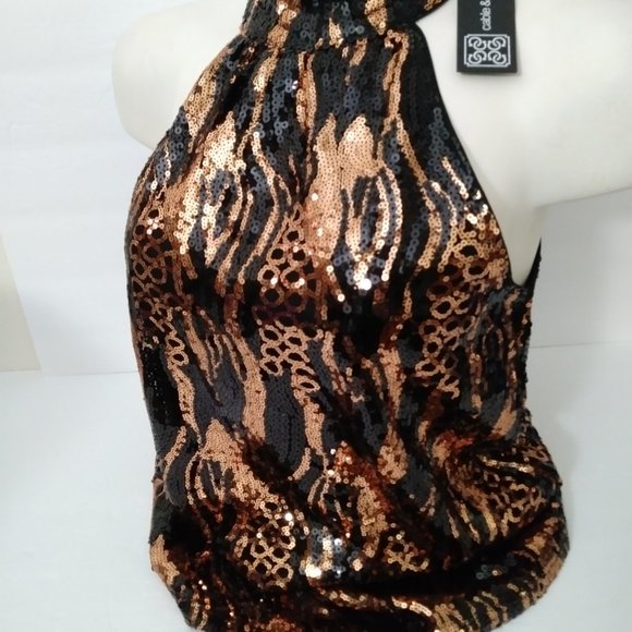 Cable & Gauge Black Gold Sequin Halter Top XS - Picture 8 of 13